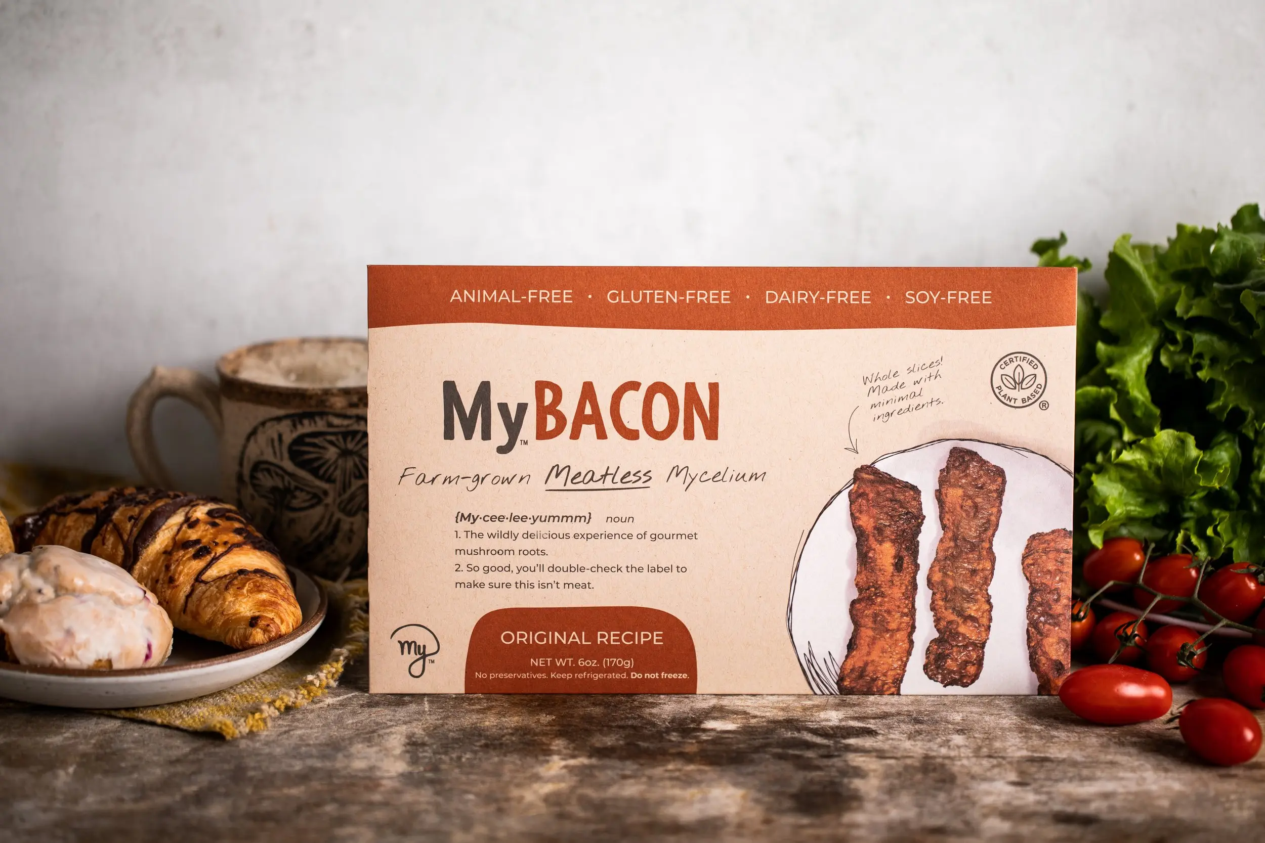 Package of MyBacon on a counter with other breakfast goodies