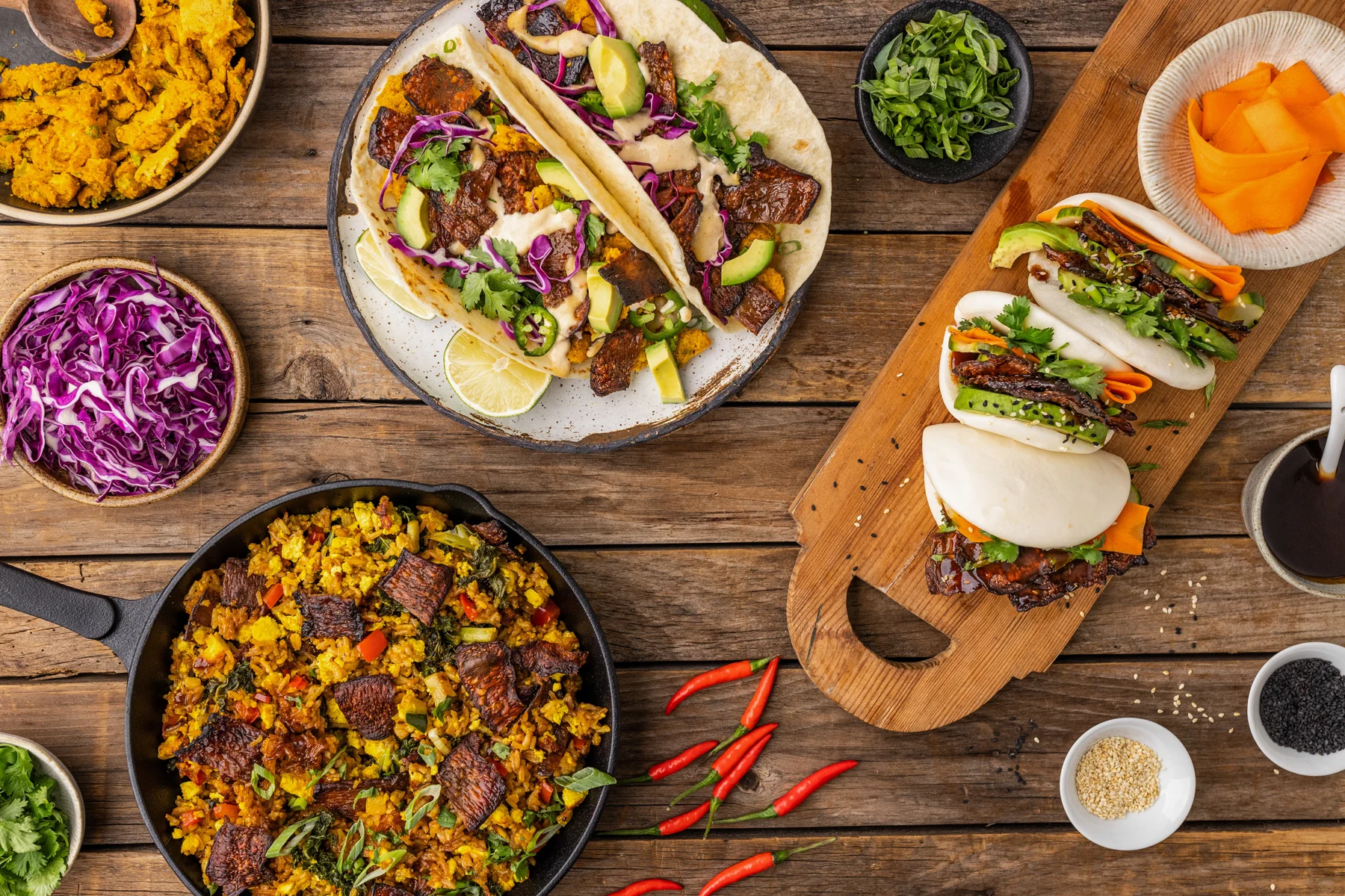 MyBacon served in tacos, steamed bao buns, and fried rice