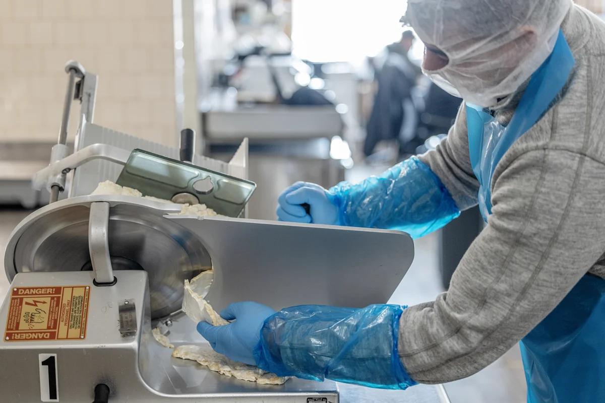 A worker slices a whole mycelium sheet on a commercial slicer